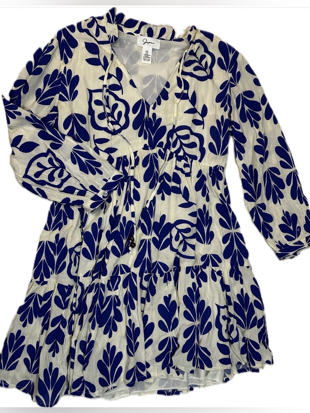 Japna Long Sleeve Dress with Blue Leaf Pattern